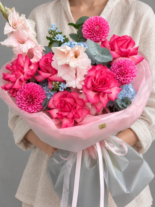 Букет "Floral Magic" — «Floral Magic» — элегантный букет из 5 роз, 3 георгинов, 2 гортензий, 2 гладиолусов и 1 ветви эвкалипта.